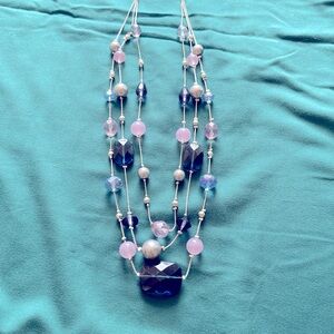 Blue and pink silver layered necklace